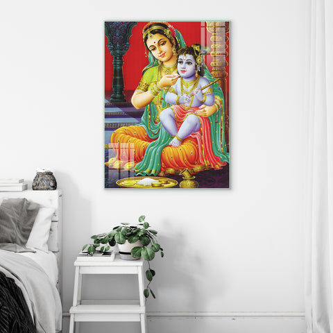 Mata Yashoda holding Kanha Glass Wall Painting for Home, Living Room, Mandir