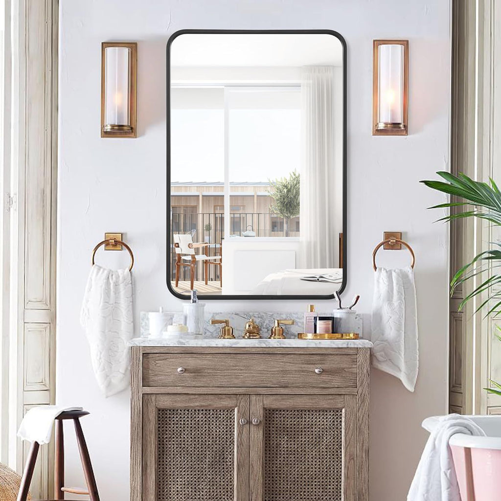 Rectangle Matte Black Metallic Framed with Curve Edges Mirror for Bathroom and Living Room