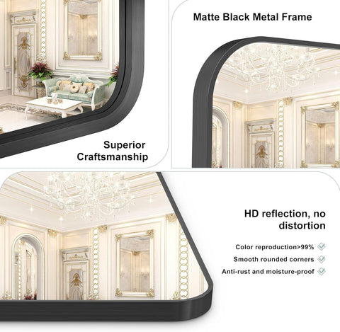 Rectangle Matte Black Metallic Framed with Curve Edges Mirror for Bathroom and Living Room