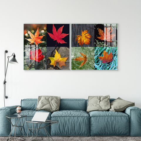 Beautiful Multiple Frame Colorful Wall Painting for Living Room: Multicolor Maple modular Leaf Arts