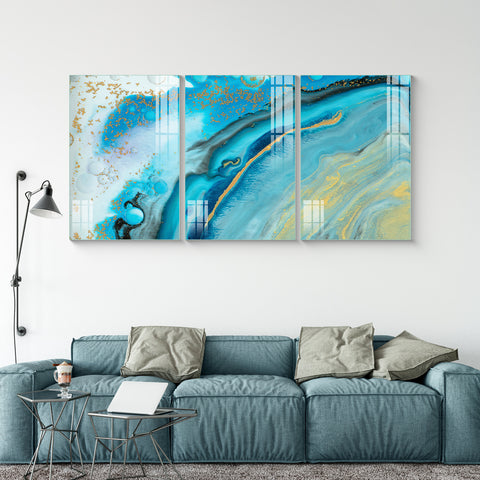 Beautiful Abstract Multi Frame Colorful Wall Painting for Living Room: Oceanic Blue Rush