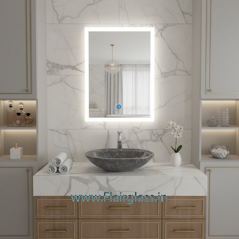 Rectangular LED Wall Mirror with Front Edge Lighting | Dimmable Touch Sensor Bathroom Mirror | Makeup Vanity Lighted Mirror