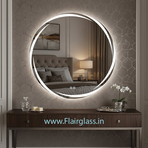 Round LED Bathroom Mirror | Frameless Dimmable Vanity Led Mirror with Whirlwind Frosted Edge | Modern Wall-Mounted LED Makeup Mirror