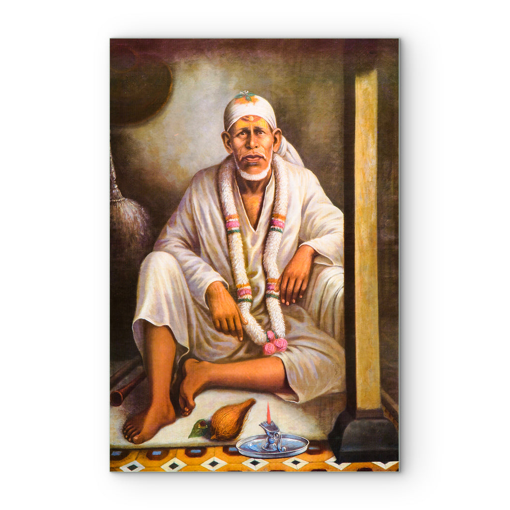 Frameless Beautiful Sai Baba Dwarika Glass Wall Painting.