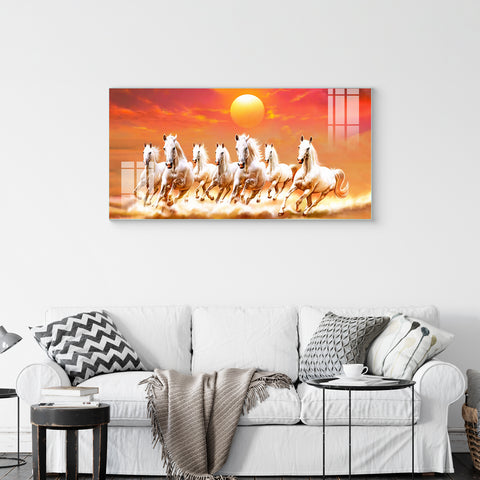 Seven Horses Painting for Vastu | Golden Sunrise Wall Art for Home & Office Decor