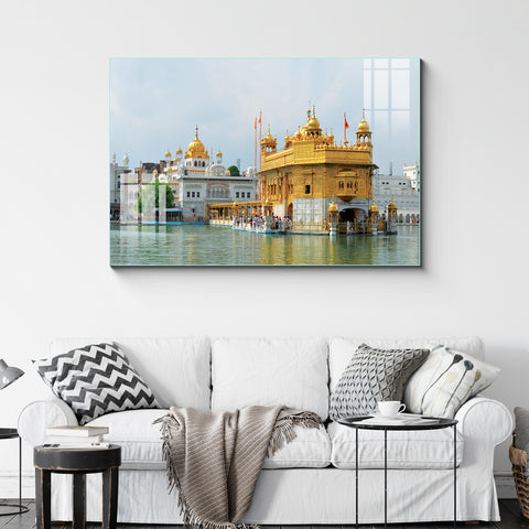 Frameless Beautiful Wall Painting: Shri Harmandir Sahib Golden Temple Glass Painting