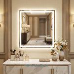 Square LED Wall Mirror with Polished Edges & Front Glow Lighting | Dimmable Touch Sensor Vanity & Bathroom Mirror