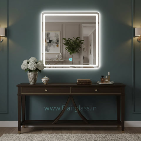 Square LED Wall Mirror with Polished Edges & Front Glow Lighting | Dimmable Touch Sensor Vanity & Bathroom Mirror