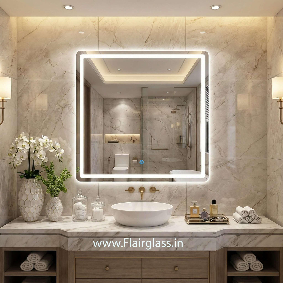 Square LED Wall Mirror with Front Glow Lighting - Dimmable – Flair Glass