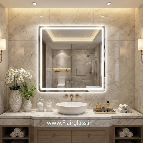 Square LED Wall Mirror with Polished Edges & Front Glow Lighting | Dimmable Touch Sensor Vanity & Bathroom Mirror