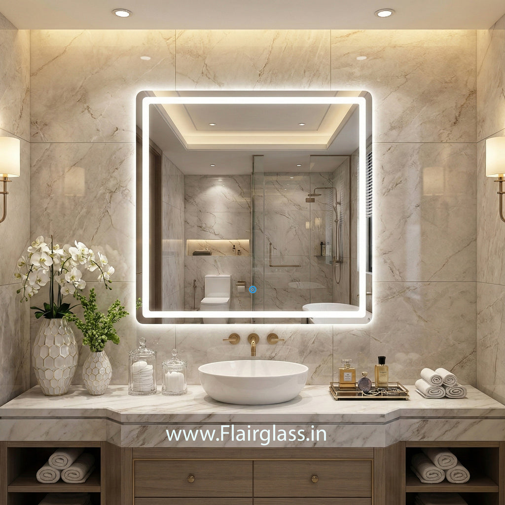Square LED Wall Mirror with Polished Edges & Front Glow Lighting | Dimmable Touch Sensor Vanity & Bathroom Mirror