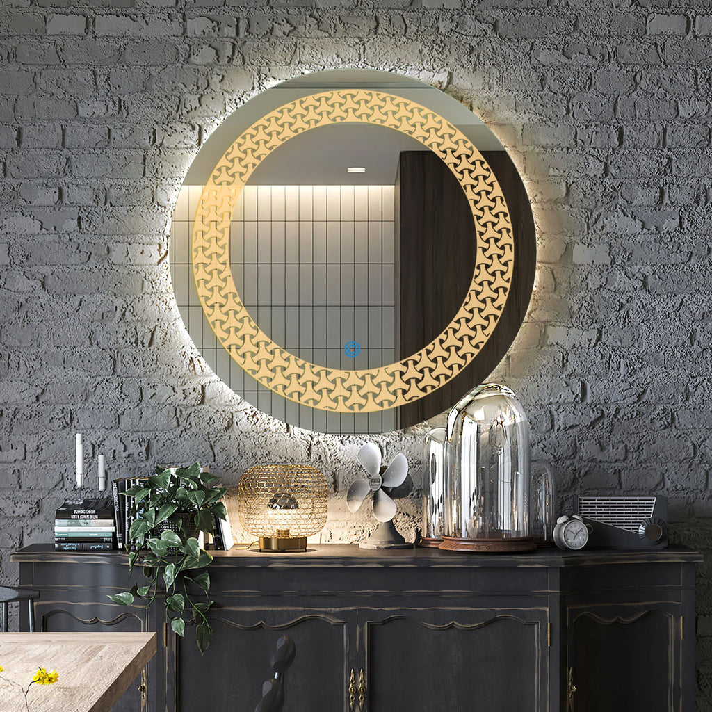 Sun Disc Gears Enclosed - LED Bathroom Mirror - Warm White Light - Round