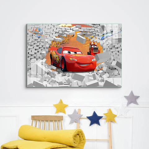 Frameless Beautiful Glass Wall Painting for Home: The Car Mural