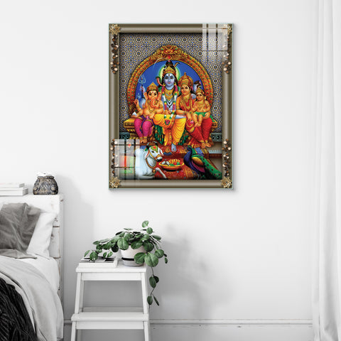 The divine family of Shiva and Parvati, with Ganesha and Subramanya Swamy Glass Wall Paintings