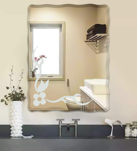 Frameless Rectangular Zigzag Curve Frosted Beveled Mirror For Living & Bathroom