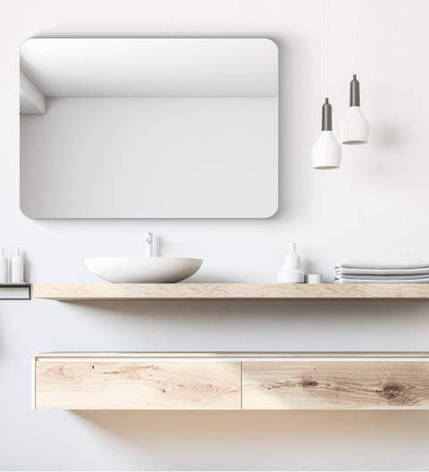 Frameless Elegant Design Rectangular Mirror with Smooth Curved Edges, Equipped with Sturdy Steel Hooks for Wall-Mounted