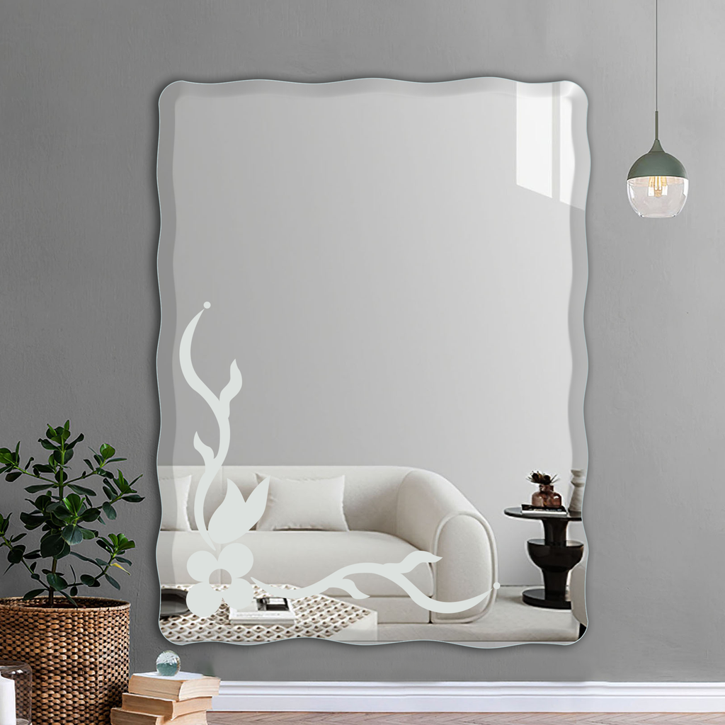 Frameless Rectangular Zigzag Curve Frosted Beveled Mirror For Living & Bathroom
